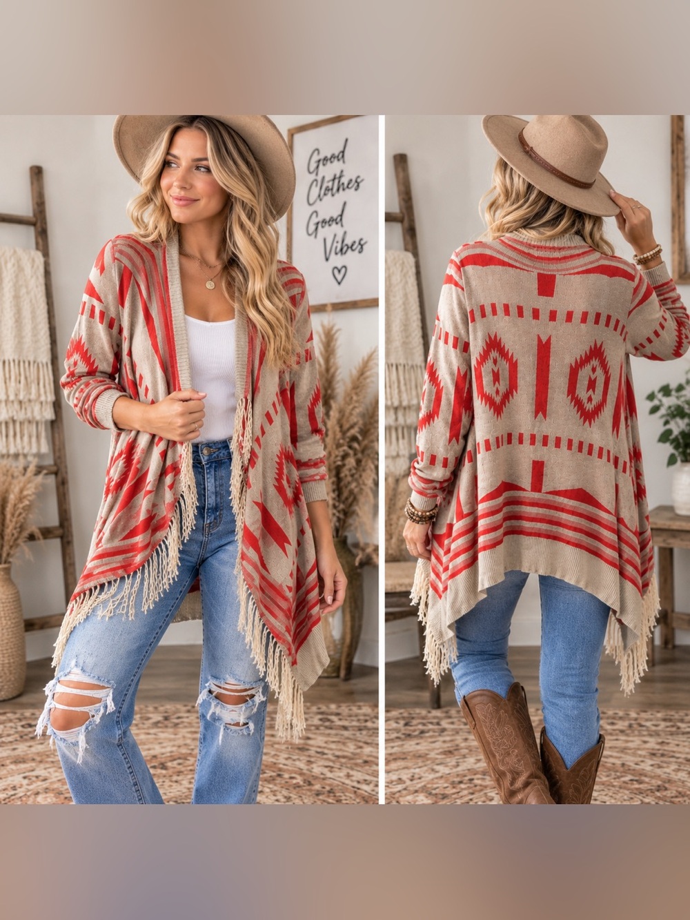 Umgee Red and Tan Fringe Open-Front Cardigan